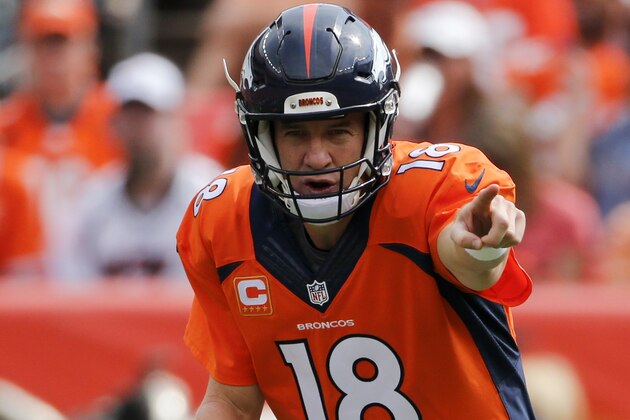 Denver Broncos quarterback Peyton Manning plays against the Baltimore Ravens during the first half of an NFL football game Sunday, Sept. 13, 2015, in Denver. (AP Photo/Jack Dempsey)