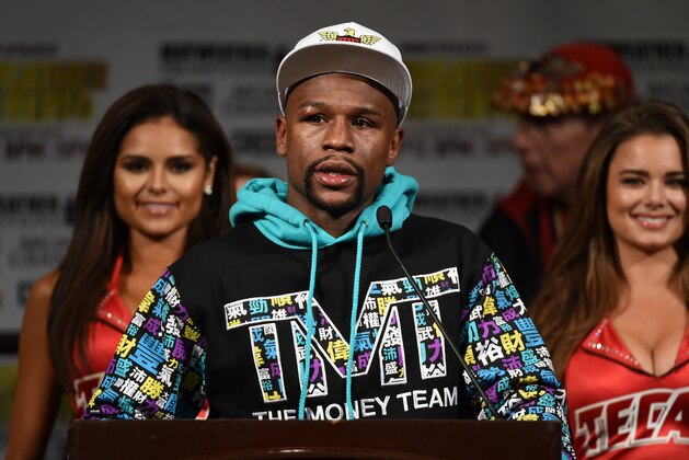 LAS VEGAS, NV - SEPTEMBER 12:  Floyd Mayweather Jr. speaks during a post-fight news conference at MGM Grand Hotel & Casino after he retained his WBC/WBA welterweight titles in a unanimous-decision victory over Andre Berto on September 12, 2015 in Las Vegas, Nevada.  (Photo by Ethan Miller/Getty Images)