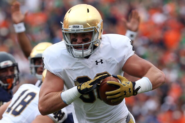 Notre Dame tight end Durham Smythe (80) runs the ball in for a touchdown during an NCAA college football game against Virginia, Saturday, Sept. 12, 2015, in Charlottesville, Va. (AP Photo/Andrew Shurtleff)