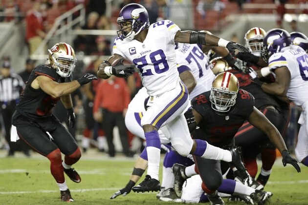 Minnesota Vikings running back Adrian Peterson (28) runs against the San Francisco 49ers during the second half of an NFL football game in Santa Clara, Calif., Monday, Sept. 14, 2015. (AP Photo/Marcio Jose Sanchez) Minnesota Vikings running back Adrian Peterson (28) runs against the San Francisco 49ers during the second half of an NFL football game in Santa Clara, Calif., Monday, Sept. 14, 2015. (AP Photo/Marcio Jose Sanchez)