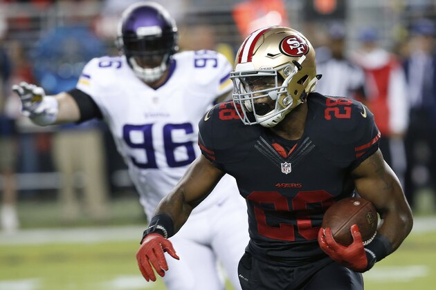 San Francisco 49ers running back Carlos Hyde (28) runs from Minnesota Vikings defensive end Brian Robison (96) during the first half of an NFL football game in Santa Clara, Calif., Monday, Sept. 14, 2015. (AP Photo/Tony Avelar) San Francisco 49ers running back Carlos Hyde (28) runs from Minnesota Vikings defensive end Brian Robison (96) during the first half of an NFL football game in Santa Clara, Calif., Monday, Sept. 14, 2015. (AP Photo/Tony Avelar)