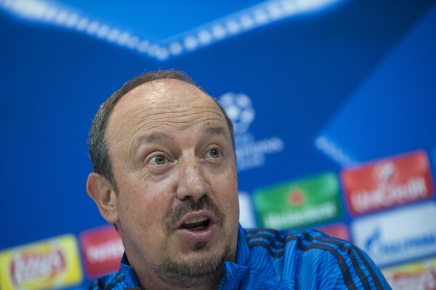 Real Madrid’s head coach Rafael Benitez   speaks during a press conference in Madrid, Spain Monday Sept. 14, 2015. Real Madrid will play Shakhtar Donetsk Tuesday in a Group A Champions League soccer match. (AP Photo/Paul White)