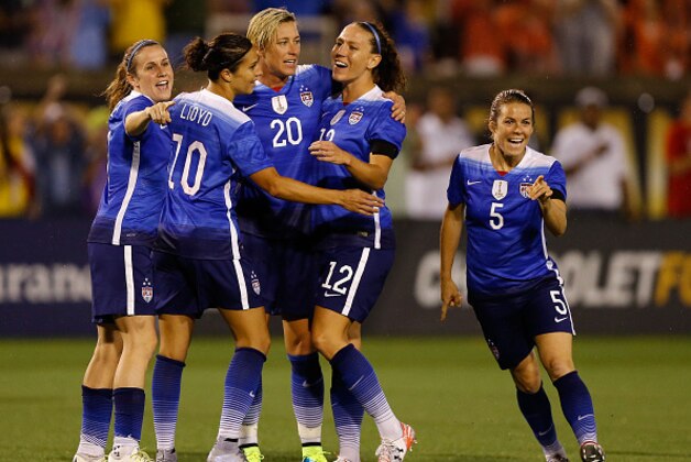 CHATTANOOGA, TN - AUGUST 19:  (From left to right) Midfielder Heather O'Reilly #9, midfielder Carli Lloyd #10, forward Abby Wambach #20, midfielder Lauren Holiday #12 and defender Kelley O'Hara #5 of the United States celebrate Wambach's first half goal during the friendly match against Costa Rica at Finley Stadium on August 19, 2015 in Chattanooga, Tennessee.  (Photo by Mike Zarrilli/Getty Images)