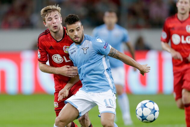 (L-R) Christoph Kramer of Bayer 04 Leverkusen, Felipe Anderson of SS Lazio Roma during the UEFA Champions League play-offs match between Bayer Leverkusen and Lazio Roma on August 26, 2015 at the BayArena in Leverkusen, Germany.(Photo by VI Images via Getty Images)