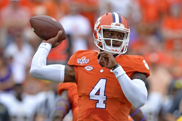 Clemson quarterback Deshaun Watson delivers a pass during the first half of an NCAA college football game against Appalachian State, Saturday,  Sept. 12, 2015,  in Clemson, S.C. (AP Photo/Richard Shiro)