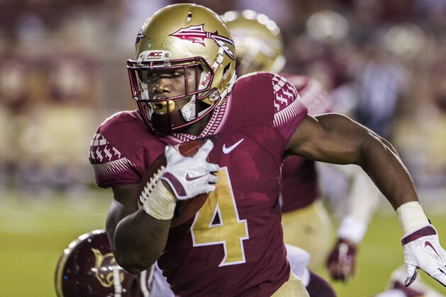 Florida State running back Dalvin Cook carries during the first half of an NCAA college football game against Texas State in Tallahassee, Fla., Saturday, Sept. 5, 2015. (AP Photo/Mark Wallheiser)