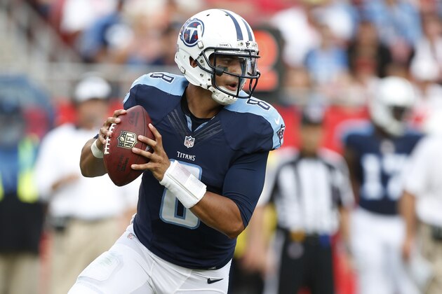 Tennessee Titans quarterback Marcus Mariota (8) looks to pass during the second half of an NFL football game Tampa Bay Buccaneers, Sunday, Sept. 13, 2015, in Tampa, Fla. (AP Photo/Brian Blanco)