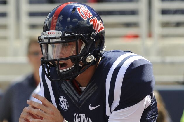 Sep 12, 2015; Oxford, MS, USA; Mississippi Rebels quarterback Chad Kelly (10) warms up before the game against the Fresno State Bulldogs at Vaught-Hemingway Stadium. Mandatory Credit: Justin Ford-USA TODAY Sports