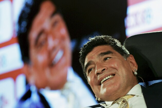Argentina football legend Diego Maradona speaks on the second day of the SoccerEx Asian Forum conference in Southern Shuneh, Jordan, Monday, May 4, 2015. Maradona recounted the historic 1986 World Cup match against England. (AP Photo/Raad Adayleh)