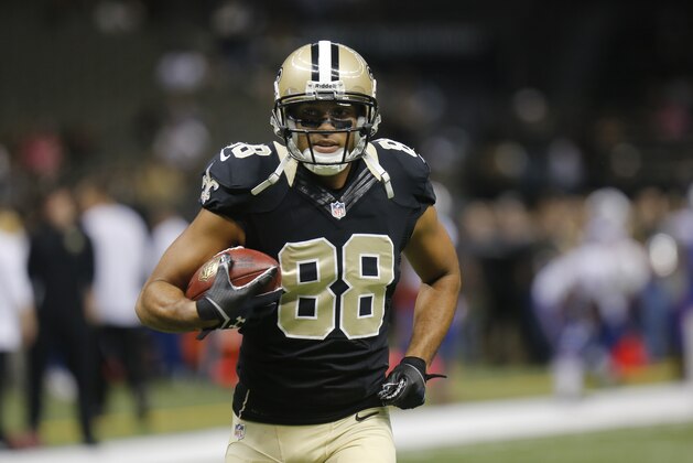 New Orleans Saints wide receiver Nick Toon (88) works before the first half of an NFL football game  against the Buffalo Bills, in New Orleans, Sunday, Oct. 27, 2013. (AP Photo/Bill Haber)