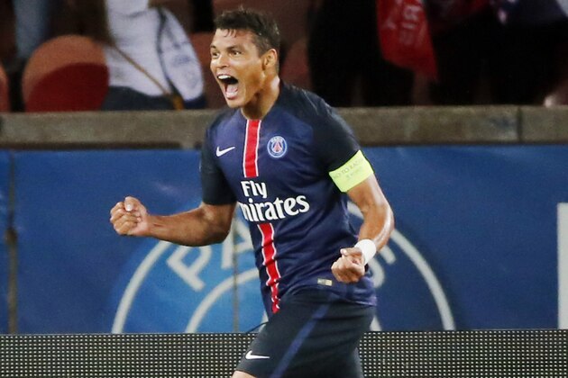 Paris Saint Germain's Thiago Silva celebrates a goal after scoring during the French League one soccer match between Paris Saint Germain and Ajaccio Gazelec,  at the Parc des Princes stadium in Paris, France. Sunday, Aug. 16, 2015.  (AP Photo/Jacques Brinon)