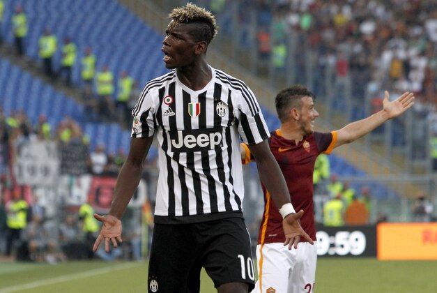 Juventus’ Paul Pogba reacts during a Serie A soccer match between Roma and Juventus, at Rome's Olympic stadium, Sunday, Aug. 30, 2015. (AP Photo/Riccardo De Luca)