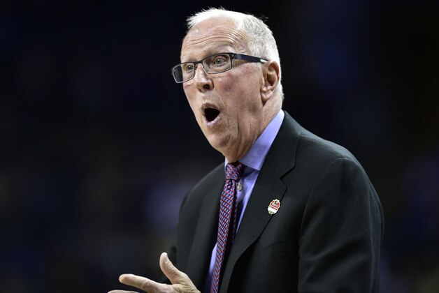 Mar 20, 2015; Charlotte, NC, USA; San Diego State Aztecs head coach Steve Fisher during the first half against the St. John's Red Storm in the second round of the 2015 NCAA Tournament at Time Warner Cable Arena. Mandatory Credit: Bob Donnan-USA TODAY Sports