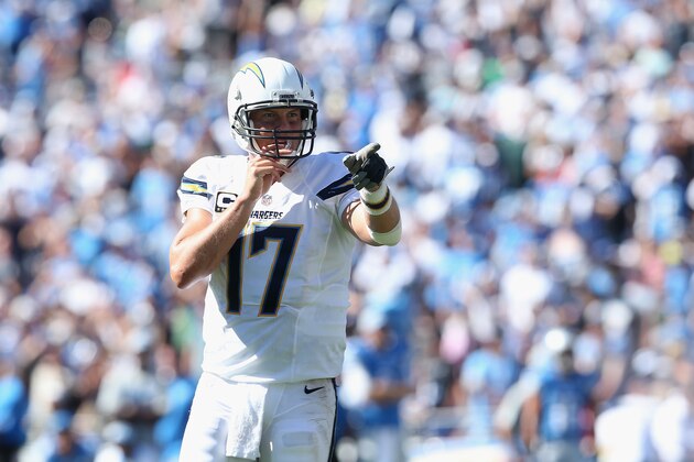 SAN DIEGO, CA - SEPTEMBER 13:  Quarterback Philip Rivers #17 of the San Diego Chargers signals the sideline while playing the Detroit Lions at Qualcomm Stadium on September 13, 2015 in San Diego, California.  (Photo by Stephen Dunn/Getty Images)