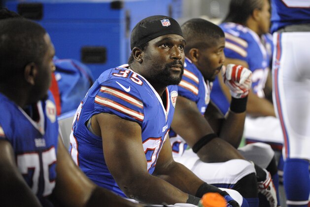 Buffalo Bills running back Bryce Brown (35) sits on the bench during the second half of a preseason NFL football game against the Detroit Lions, Thursday, Aug. 28, 2014, in Orchard Park, N.Y. (AP Photo/Gary Wiepert)