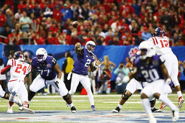ATLANTA, GA - DECEMBER 31: Trevone Boykin #2 of the TCU Horned Frogs passes against the Ole Miss Rebels during the Chik-fil-A Peach Bowl at Georgia Dome on December 31, 2014 in Atlanta, Georgia. (Photo by Kevin C. Cox/Getty Images) ATLANTA, GA - DECEMBER 31: Trevone Boykin #2 of the TCU Horned Frogs passes against the Ole Miss Rebels during the Chik-fil-A Peach Bowl at Georgia Dome on December 31, 2014 in Atlanta, Georgia. (Photo by Kevin C. Cox/Getty Images)