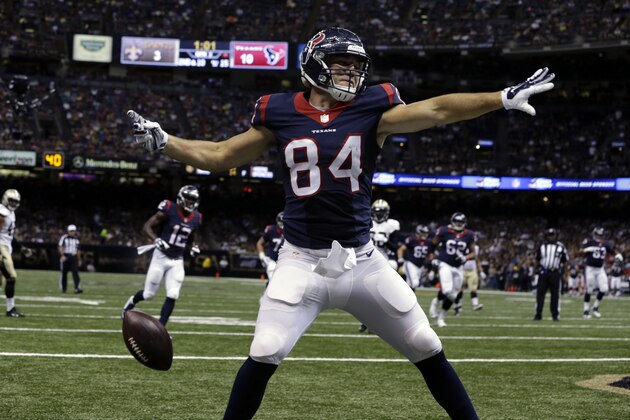 Houston Texans tight end Ryan Griffin (84) celebrates a touchdown in the first half of a preseason NFL football game against the New Orleans Saints in New Orleans, Sunday, Aug. 30, 2015. (AP Photo/Jonathan Bachman)