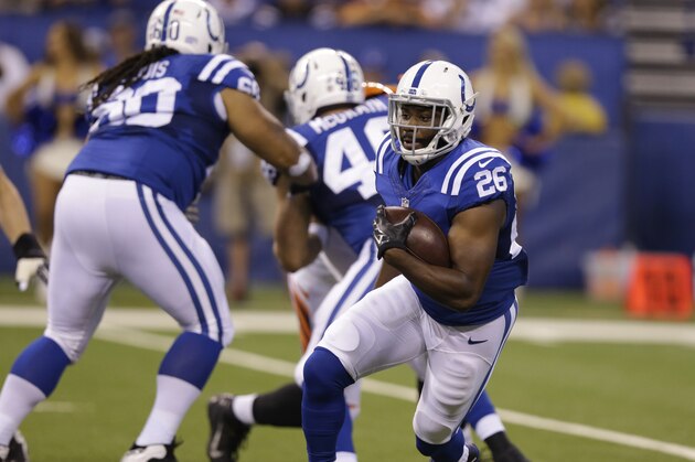 Indianapolis Colts' Vick Ballard (26) runs during the first half of an NFL preseason football game against the Cincinnati Bengals, Thursday, Sept. 3, 2015, in Indianapolis. (AP Photo/Michael Conroy)