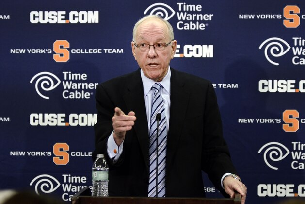 Syracuse coach Jim Boeheim gestures during a news conference Thursday, March 19, 2015, in Syracuse, N.Y. In an hour-long press conference on Thursday ahead of top teams starting in the NCAA Tournament, Boeheim said that 2018 is the
