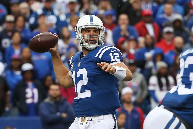 ORCHARD PARK, NY - SEPTEMBER 13:  Andrew Luck #12 of the Indianapolis Colts looks to throw against the Buffalo Bills during the first half at Ralph Wilson Stadium on September 13, 2015 in Orchard Park, New York.  (Photo by Tom Szczerbowski/Getty Images)