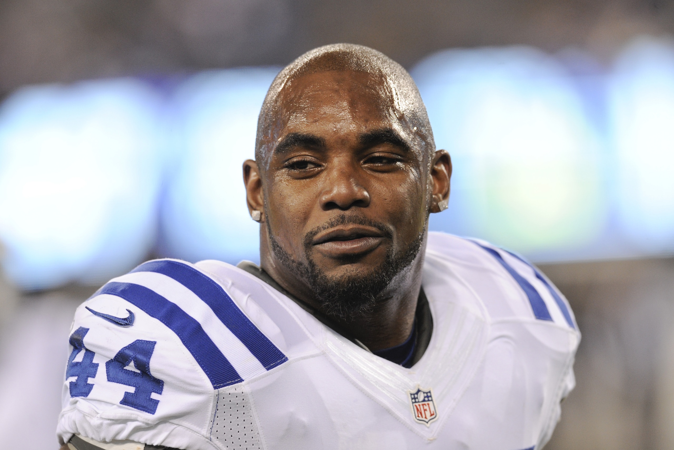 FILE - This Nov. 3, 2014, file photo shows Indianapolis Colts running back Ahmad Bradshaw (44) before an NFL football game against the New York Giants in East Rutherford, N.J. Bradshaw, a veteran NFL running back has pleaded no contest and paid a fine to settle a misdemeanor count of marijuana possession in Ohio. Court documents at Eaton Municipal Court show Bradshaw paid a total $351 in fines and costs under the plea agreement. His Ohio driving privileges are suspended for six months. (AP Photo/Bill Kostroun, File)