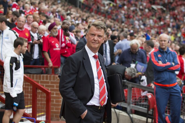 Manchester United's manager Louis van Gaal takes to the touchline before his team's English Premier League soccer match between Manchester United and Newcastle at Old Trafford Stadium, Manchester, England, Saturday, Aug. 22, 2015. (AP Photo/Jon Super)