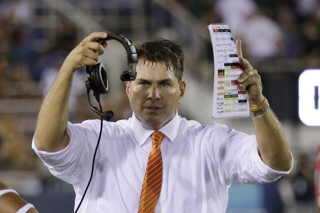 Miami head coach Al Golden gestures during the second half of an NCAA college football game against Florida Atlantic, Friday, Sept. 11, 2015, in Boca Raton, Fla. Miami defeated Florida Atlantic 44-20. (AP Photo/Wilfredo Lee)