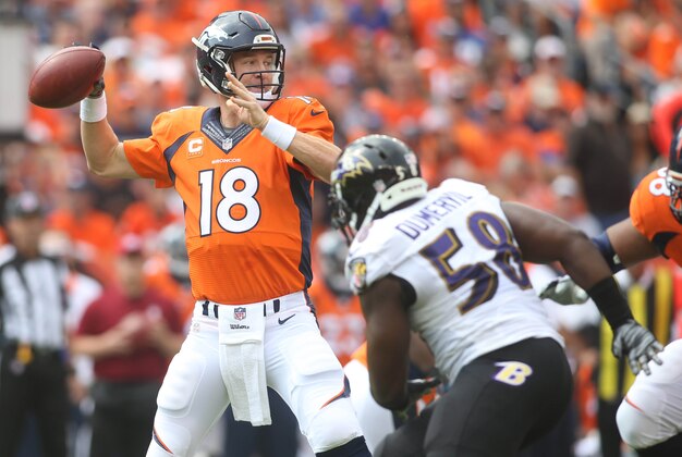 Sep 13, 2015; Denver, CO, USA; Denver Broncos quarterback Peyton Manning (18) throws the ball during the first half against the Baltimore Ravens at Sports Authority Field at Mile High. Mandatory Credit: Chris Humphreys-USA TODAY Sports