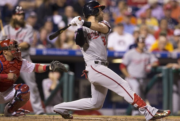 PHILADELPHIA, PA - SEPTEMBER 15: Bryce Harper #34 of the Washington Nationals hits a two-run home run in the top of the eighth inning against the Philadelphia Phillies on September 15, 2015 at Citizens Bank Park in Philadelphia, Pennsylvania.  The Nationals defeated the Phillies 4-0. (Photo by Mitchell Leff/Getty Images)