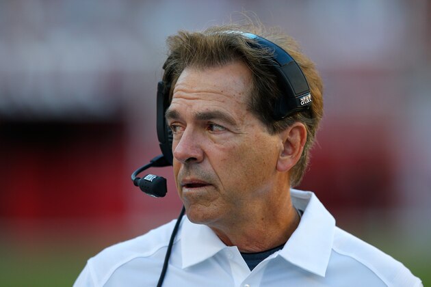 TUSCALOOSA, AL - SEPTEMBER 12:  Head coach Nick Saban of the Alabama Crimson Tide looks on during the game against the Middle Tennessee Blue Raiders at Bryant-Denny Stadium on September 12, 2015 in Tuscaloosa, Alabama.  (Photo by Kevin C. Cox/Getty Images)