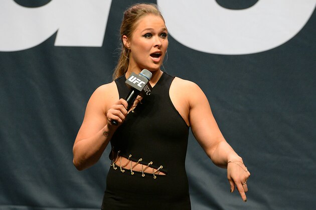 Sep 4, 2015; Las Vegas, NV, USA; UFC Women's Bantamweight champion Ronda Rousey answers questions for fans before the weigh-ins for UFC 191 at the MGM Grand Garden Arena. Mandatory Credit: Jayne Kamin-Oncea-USA TODAY Sports