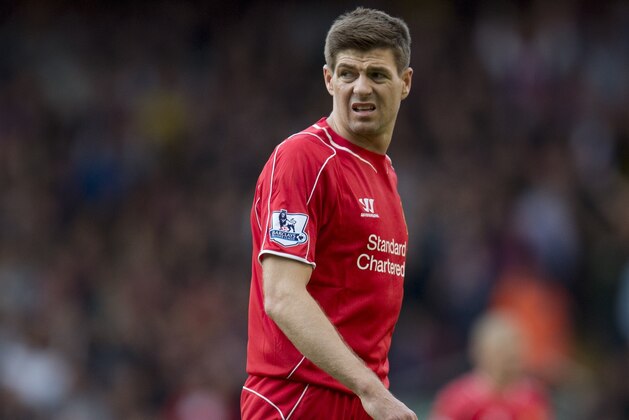Liverpool's English midfielder Steven Gerrard plays during the English Premier League football match between Liverpool and Crystal Palace at the Anfield stadium in Liverpool, northwest England, on May 16, 2015.  AFP PHOTO / OLI SCARFF

RESTRICTED TO EDITORIAL USE. No use with unauthorized audio, video, data, fixture lists, club/league logos or live services. Online in-match use limited to 45 images, no video emulation. No use in betting, games or single club/league/player publications.        (Photo credit should read OLI SCARFF/AFP/Getty Images)