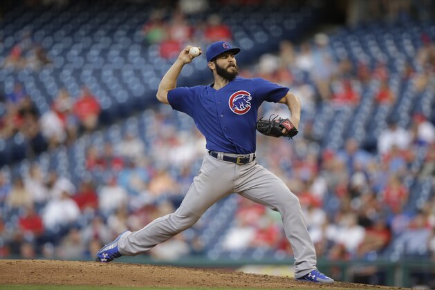 Chicago Cubs' Jake Arrieta in action during a baseball game against the Philadelphia Phillies, Friday, Sept. 11, 2015, in Philadelphia. (AP Photo/Matt Slocum)