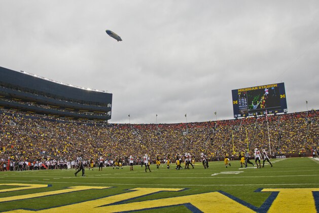 Field-level view of Michigan Stadium in the second quarter of an NCAA college football game between Michigan and Oregon State in Ann Arbor, Mich., Saturday, Sept. 12, 2015. (AP Photo/Tony Ding)