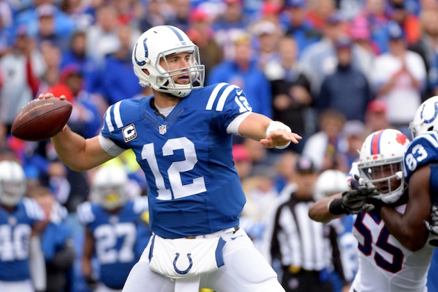Indianapolis Colts quarterback Andrew Luck looks to pass downfield against the Buffalo Bills during the second half of an NFL football game on Sunday, Sept. 13, 2015, in Orchard Park, N.Y. Buffalo won 27-14. (AP Photo/Gary Wiepert)