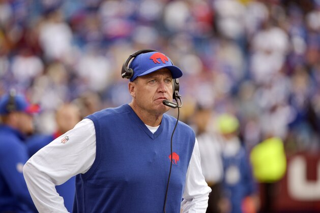 Buffalo Bills head coach Rex Ryan stands on the sidelines during the first half of an NFL football game against the Indianapolis Colts on Sunday, Sept. 13, 2015, in Orchard Park, N.Y. (AP Photo/Gary Wiepert)
