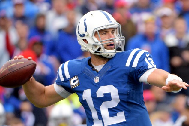 Indianapolis Colts quarterback Andrew Luck looks to pass downfield against the Buffalo Bills during the second half of an NFL football game on Sunday, Sept. 13, 2015, in Orchard Park, N.Y. Buffalo won 27-14. (AP Photo/Gary Wiepert)