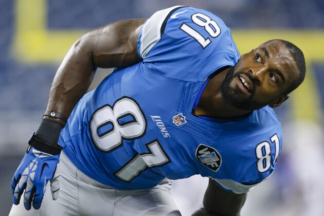 Detroit Lions wide receiver Calvin Johnson (81) before an preseason NFL football game against the Buffalo Bills at Ford Field in Detroit, Thursday, Sept. 3, 2015. (AP Photo/Rick Osentoski)