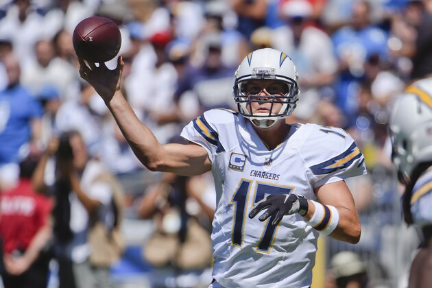 San Diego Chargers quarterback Philip Rivers throws a pass against the Detroit Lions during the first half of an NFL football game Sunday, Sept. 13, 2015, in San Diego. (AP Photo/Denis Poroy)