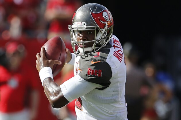 Tampa Bay Buccaneers quarterback Jameis Winston (3) looks to pass during the first half of an NFL football game against the Tennessee Titans, Sunday, Sept. 13, 2015, in Tampa, Fla. (AP Photo/Scott Audette)