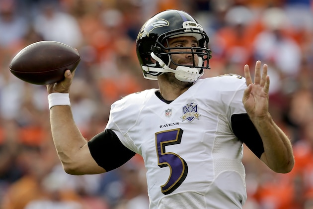 Baltimore Ravens quarterback Joe Flacco throws against the Denver Broncos during the second half of an NFL football game Sunday, Sept. 13, 2015, in Denver. (AP Photo/Joe Mahoney)