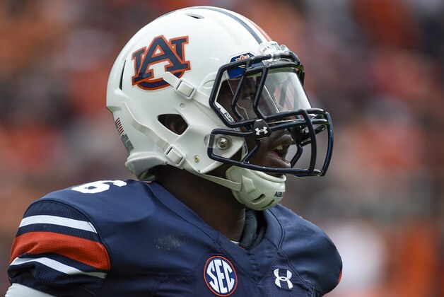 Sep 12, 2015; Auburn, AL, USA; Auburn Tigers quarterback Jeremy Johnson (6) reacts during the third quarter against the Jacksonville State Gamecocks at Jordan Hare Stadium. Mandatory Credit: Shanna Lockwood-USA TODAY Sports