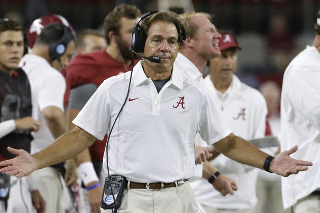 Alabama head coach Nick Saban gestures on the sidelines during the second half of an NCAA college football game Saturday, Sept. 5, 2015, in Arlington, Texas. (AP Photo/LM Otero)