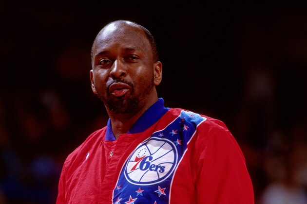 PORTLAND, OR - CIRCA 1994: Moses Malone #2 of the Philadelphia 76ers smiles against the Portland Trailblazers circa 1994 at the Veterans Memorial Coliseum in Portland, Oregon. NOTE TO USER: User expressly acknowledges and agrees that, by downloading and or using this photograph, User is consenting to the terms and conditions of the Getty Images License Agreement. Mandatory Copyright Notice: Copyright 1994 NBAE (Photo by Brian Drake/NBAE via Getty Images)