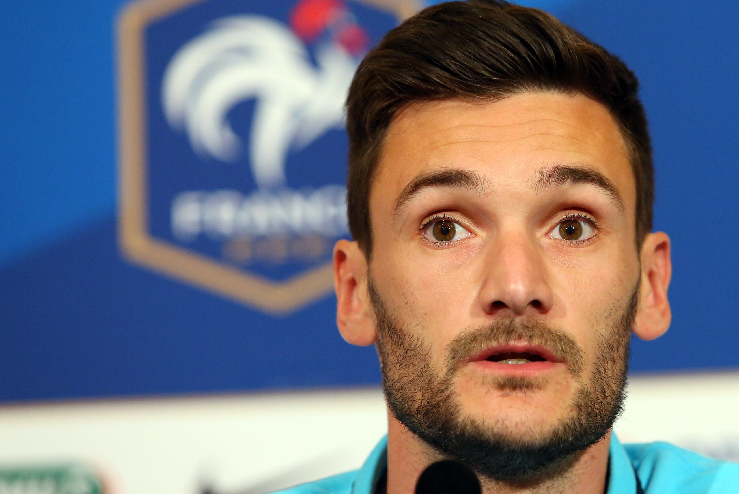 French goalkeeper, Hugo Lloris, speaks at a news conference in Tirana, Albania, Friday, June 12, 2015 ahead of the friendly match with Albania on Saturday.  (AP Photo/Hektor Pustina)