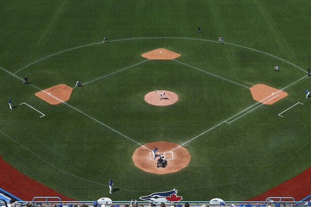 TORONTO, CANADA - MAY 9: A general view of the Rogers Centre infield and overhead view of the new artificial turf during the Toronto Blue Jays MLB game against the Boston Red Sox on May 9, 2015 at Rogers Centre in Toronto, Ontario, Canada. (Photo by Tom Szczerbowski/Getty Images)
