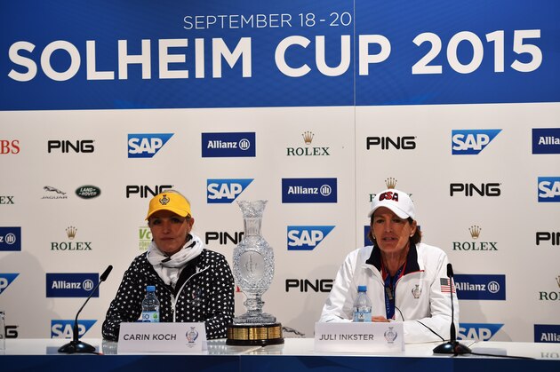 ST. LEON-ROT, GERMANY - SEPTEMBER 15:  Carin Koch, captain of team Europe and Juli Inkster, team captain of team USA look on during a press conference prior to the start of the Solheim Cup at St Leon-Rot Golf Club on September 15, 2015 in St. Leon-Rot, Germany.  (Photo by Stuart Franklin/Getty Images)