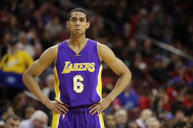Los Angeles Lakers' Jordan Clarkson in action during an NBA basketball game against the Philadelphia 76ers, Monday, March 30, 2015, in Philadelphia. (AP Photo/Matt Slocum)