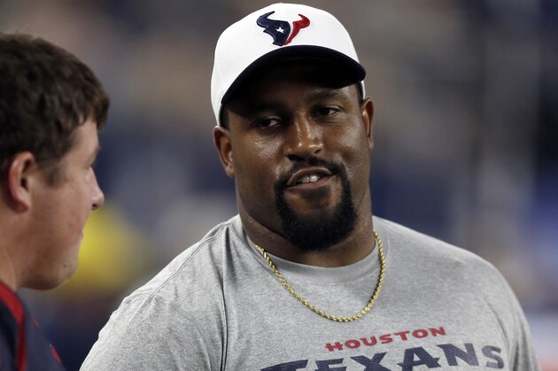 Houston Texans' Duane Brown (76) stands on the sideline during a preseason NFL football game against the Dallas Cowboys Thursday, Sept. 3, 2015, in Arlington, Texas. (AP Photo/Brandon Wade)