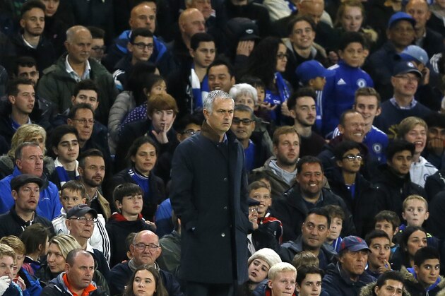 Chelsea manager Jose Mourinho watches his team finish the match with a 4-0 score during the Champions League group G soccer match between Chelsea and Maccabi Tel Aviv at Stamford Bridge stadium in London, Wednesday, Sept. 16, 2015.(AP Photo/Kirsty Wigglesworth)